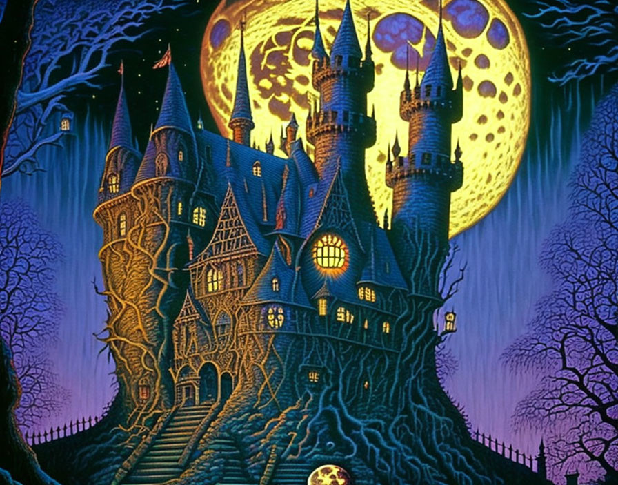 Mystical castle night scene with full moon and twisted trees