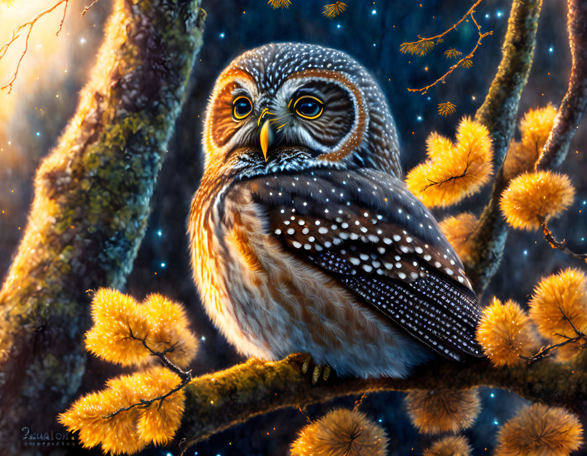 Detailed Owl Illustration with Luminous Eyes in Twilight Forest