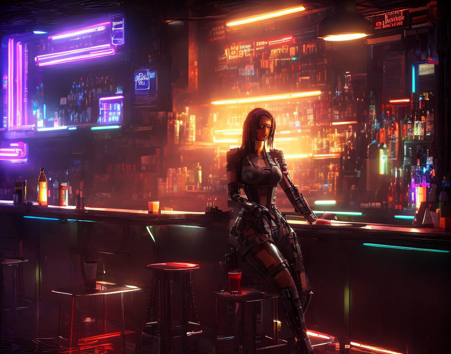 Futuristic female cyborg in neon-lit sci-fi bar