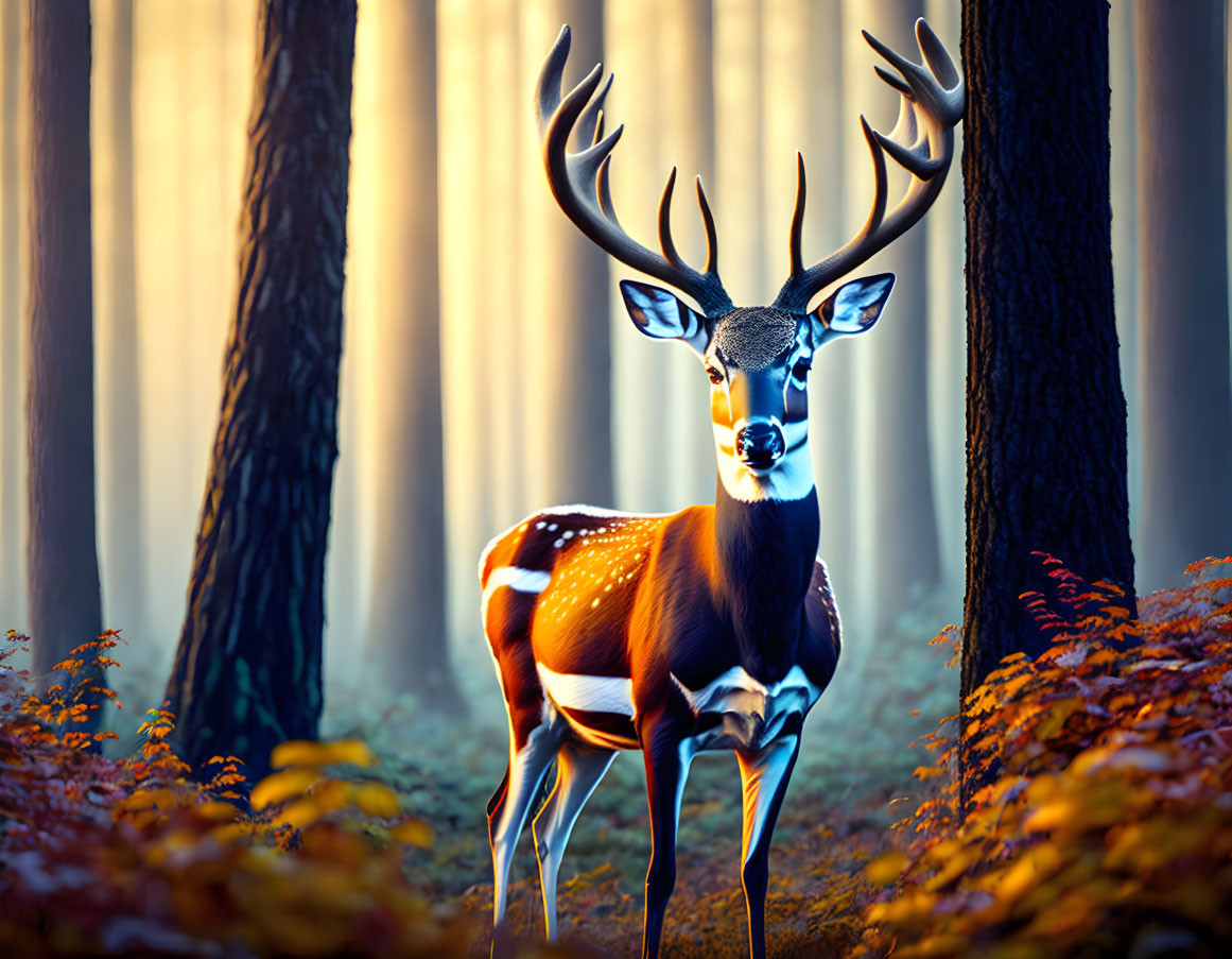 Majestic deer with prominent antlers in sunlit forest