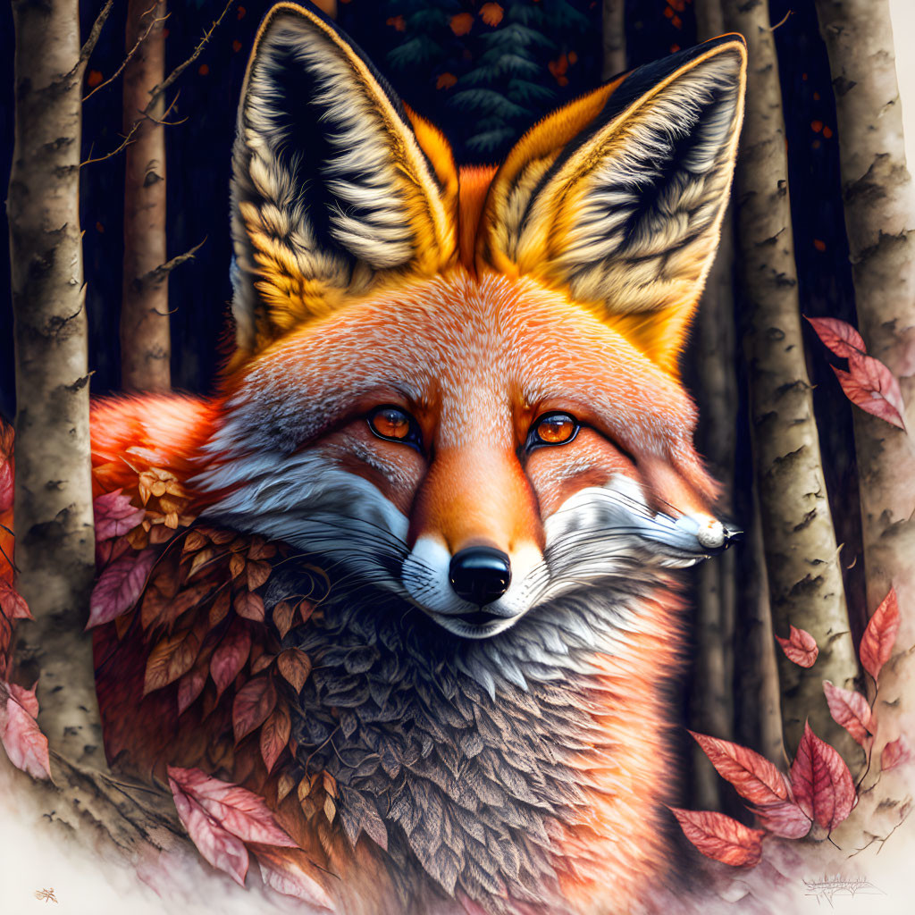 Detailed fox illustration with autumn leaves and tree trunks