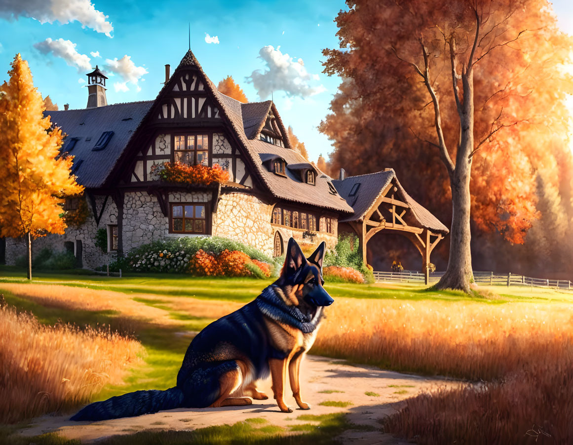 German Shepherd on grassy path near scenic cottage and autumn trees