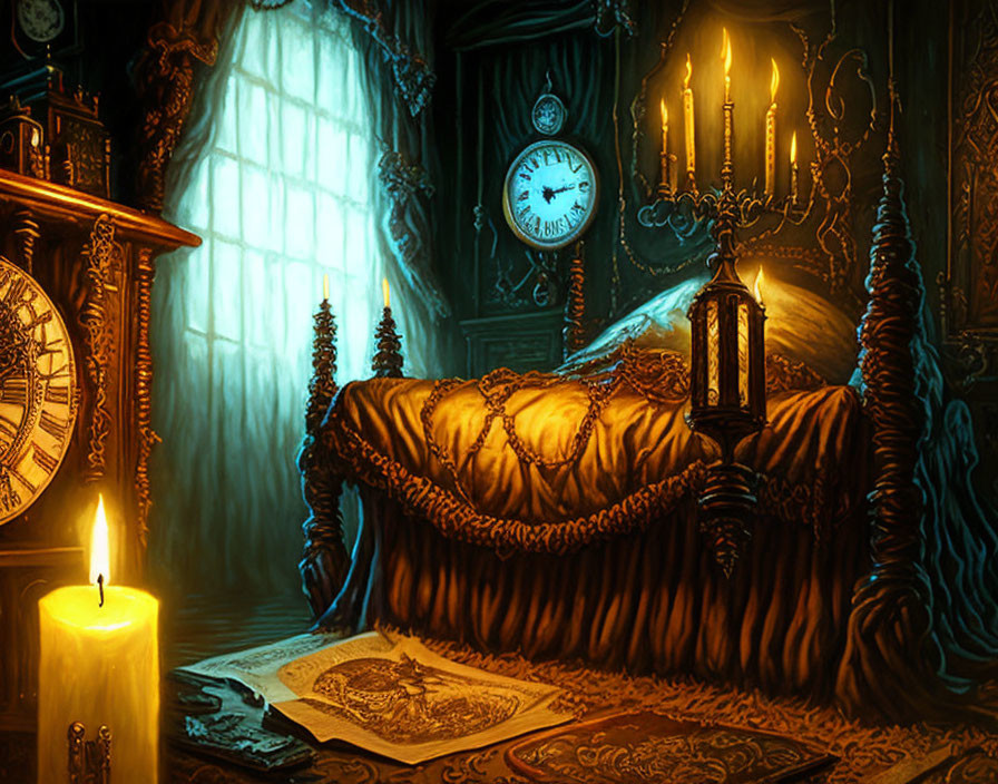 Vintage bedroom with candlelight, chandelier, bed, book, and grandfather clock.