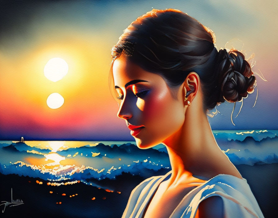 Profile view digital painting of woman admiring ocean sunset