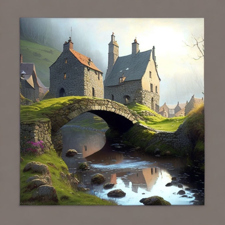 Medieval village with stone bridge, cottage, and serene landscape