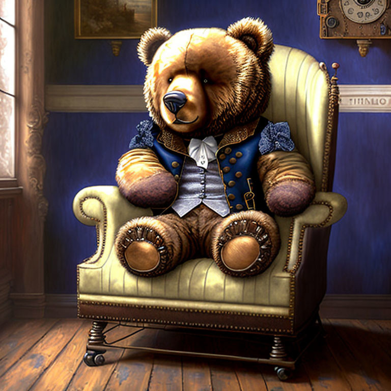 Teddy bear in vest and tie on antique chair