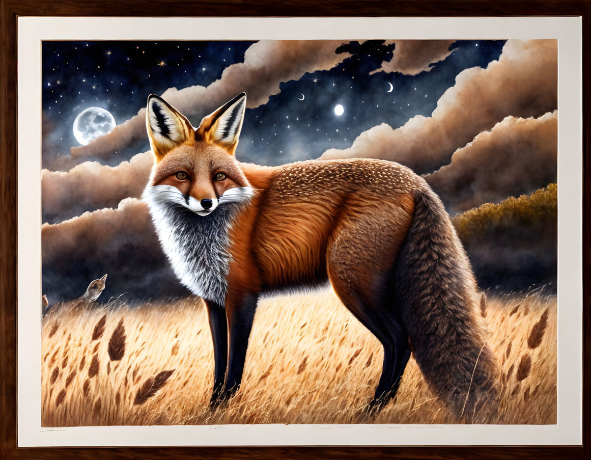 Fox in wheat field at night under full moon & stars