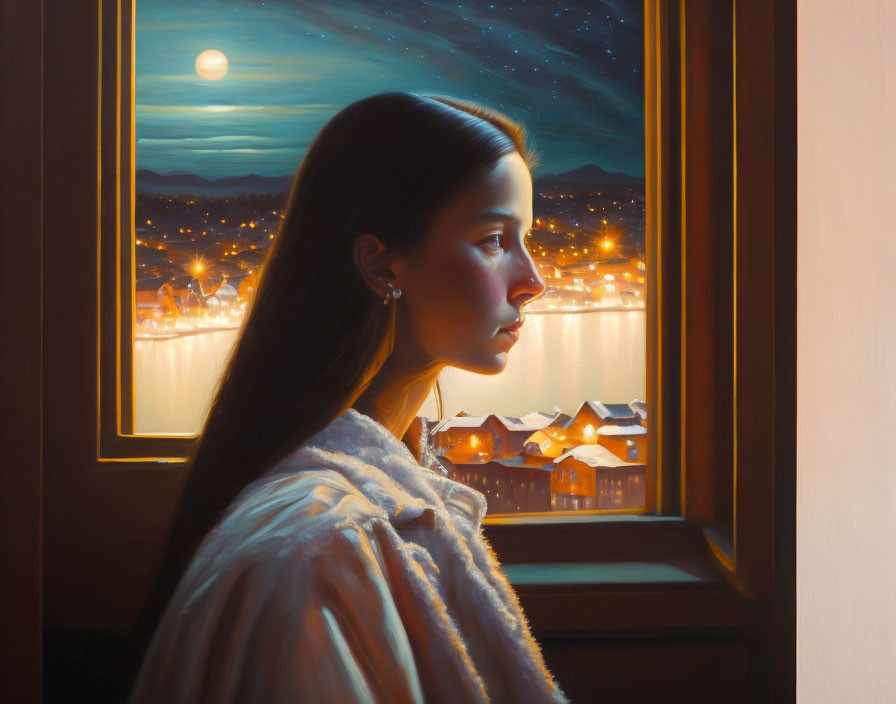 Woman looking out window at night scene with full moon over town and mountains