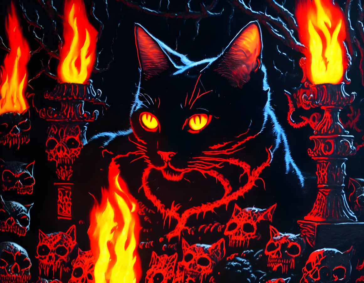 Stylized black cat with red eyes in fiery skull backdrop