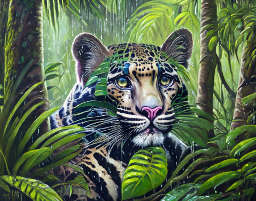 Detailed Jaguar Face in Lush Green Foliage