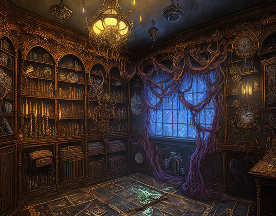 Gothic library room with wooden shelves, mystical symbols, and ornate chandelier