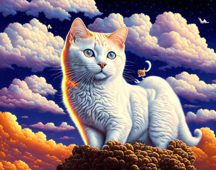 Fantastical white cat with blue eyes on mound with vibrant clouds and miniature figure.