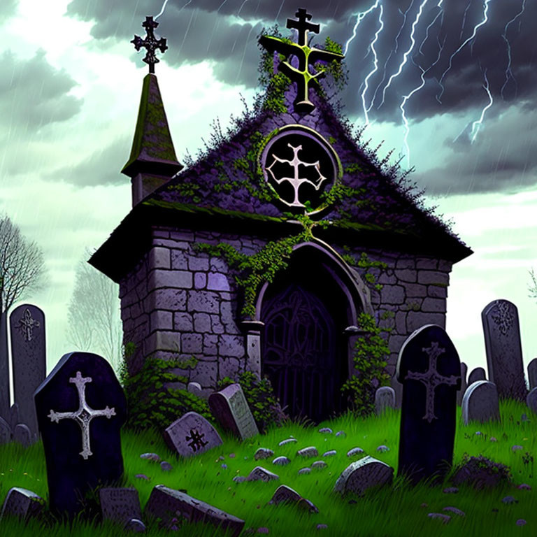 Gothic chapel and tombstones in stormy graveyard