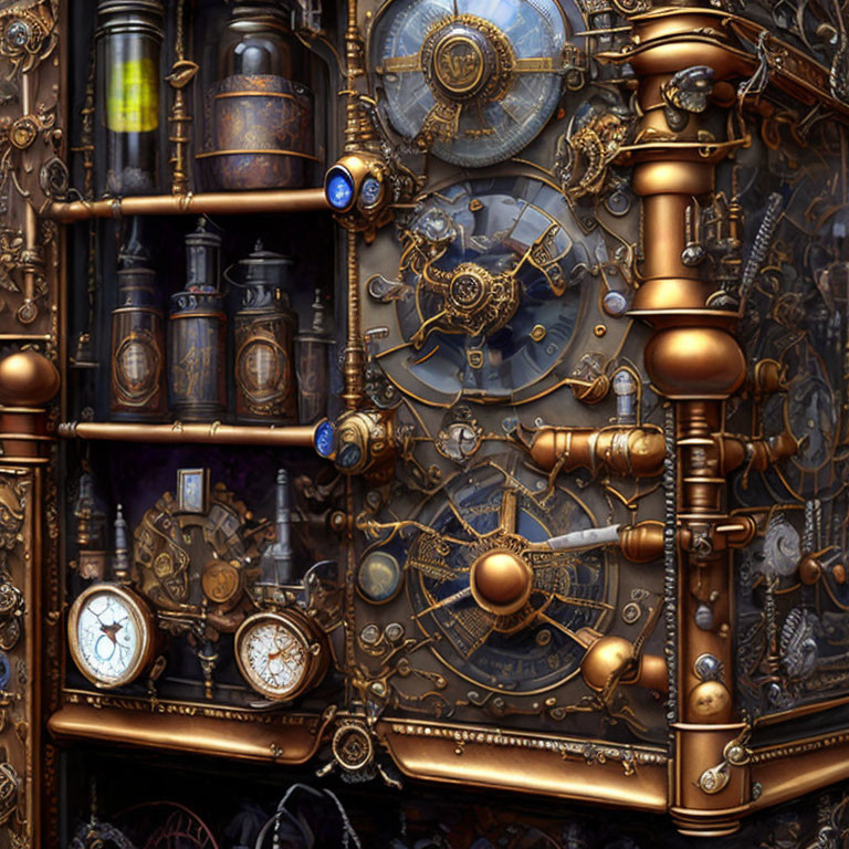 Detailed Steampunk Machinery with Gears, Pipes, and Ornate Metalwork