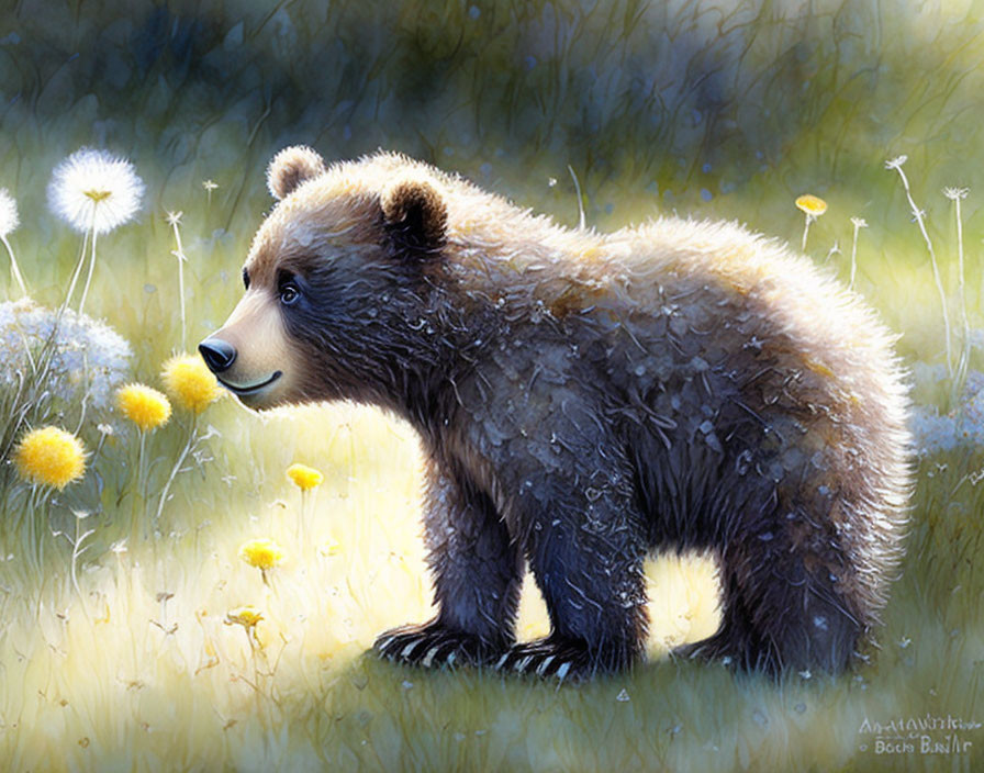 Young brown bear in dandelion and wildflower meadow