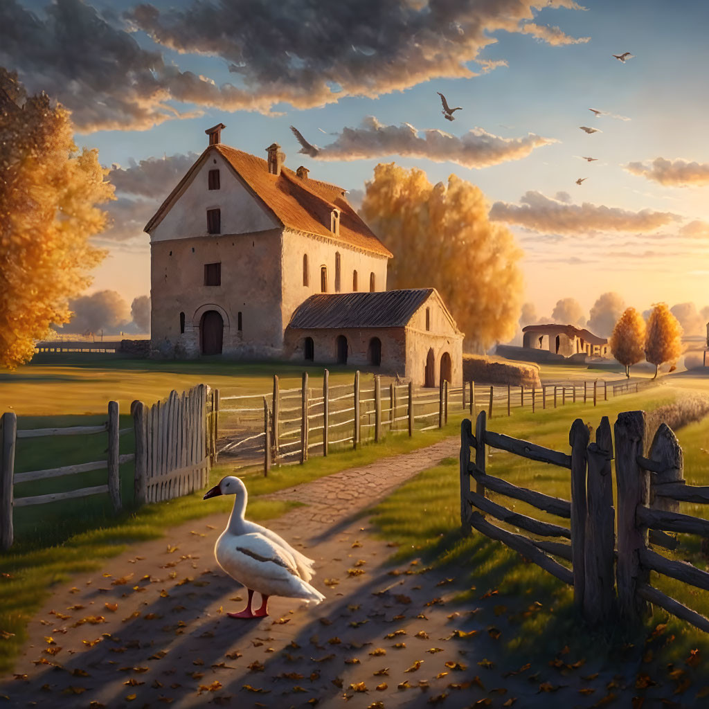 Tranquil autumn landscape with duck, house, fence, golden trees, and birds