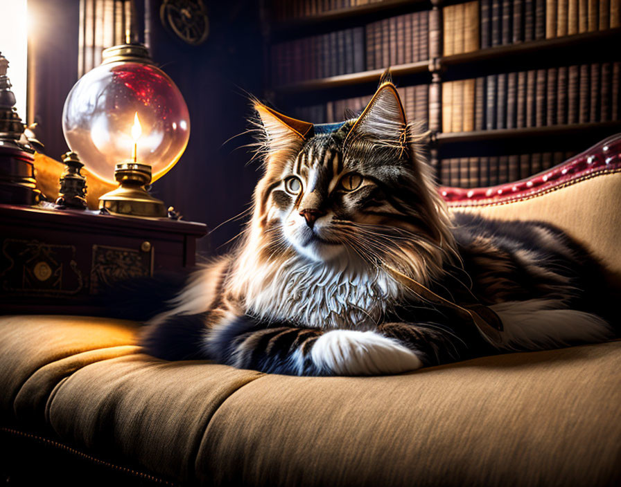 Long-haired cat with crystal ball on couch and bookshelf in background