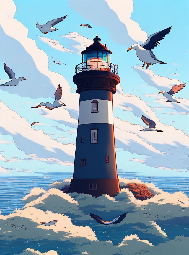 Tall lighthouse surrounded by ocean waves and seagulls