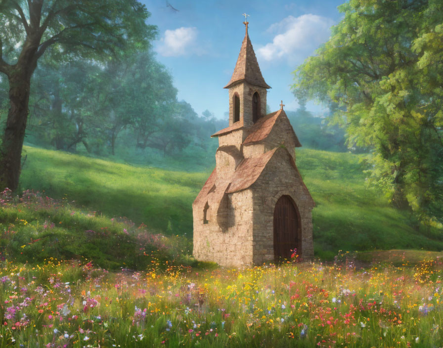 Small Stone Church with Bell Tower Amid Lush Trees and Wildflowers