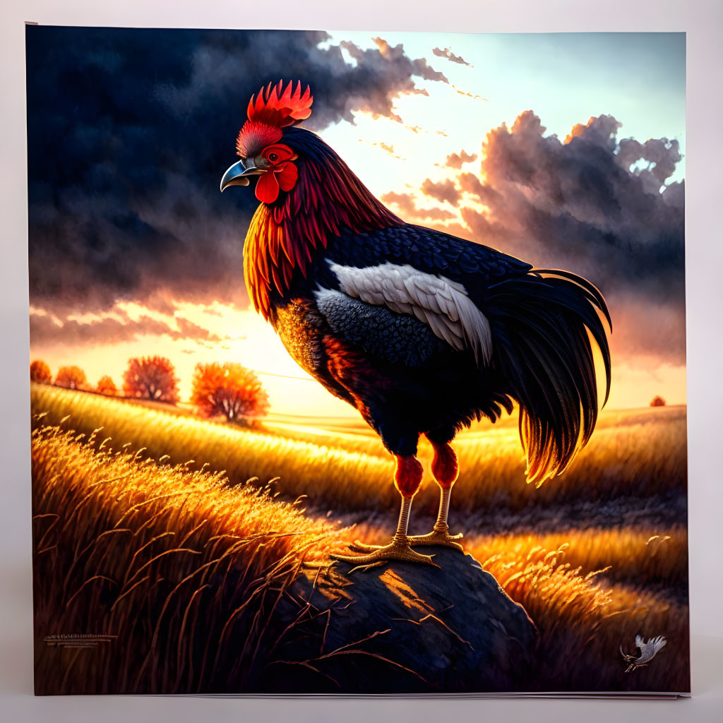 Majestic rooster on rock in field at sunrise or sunset