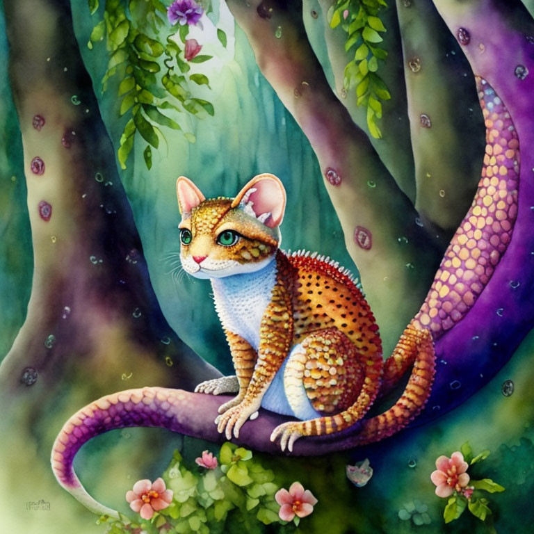 Whimsical cat-chameleon hybrid on branch in lush environment