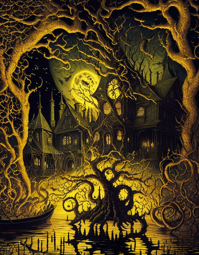 Gothic Fantasy Scene: Twisted Trees, Haunted Mansion, Moonlit Lake