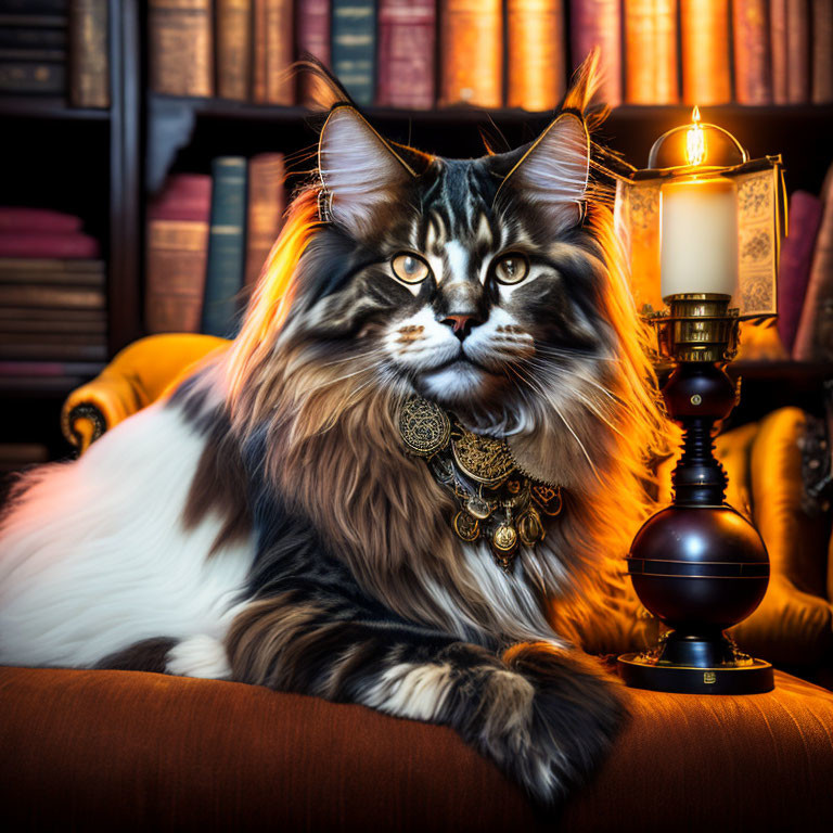 Long-Haired Cat with Necklace Sitting by Lamp and Books