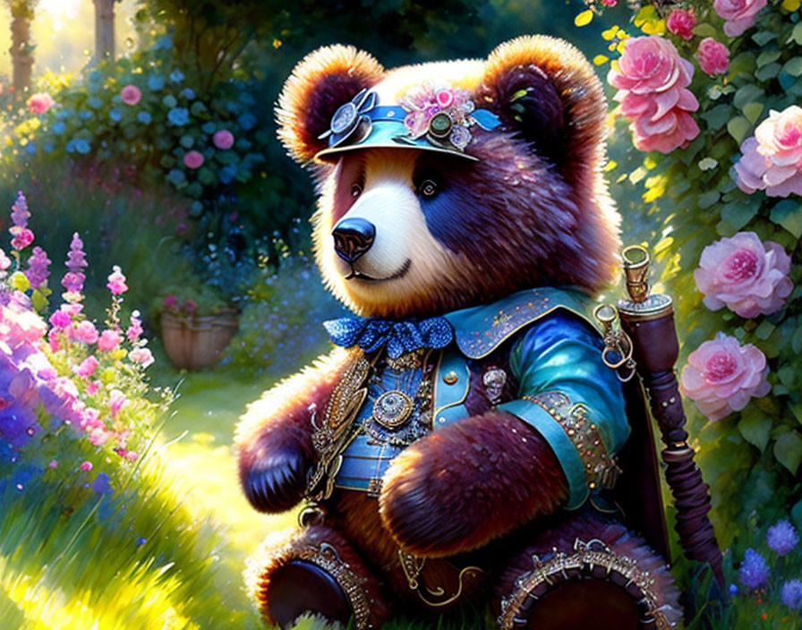 Anthropomorphic bear in ornate clothing in lush garden