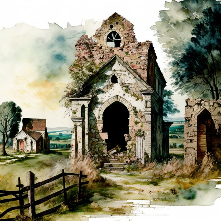 Rustic church ruins surrounded by lush countryside