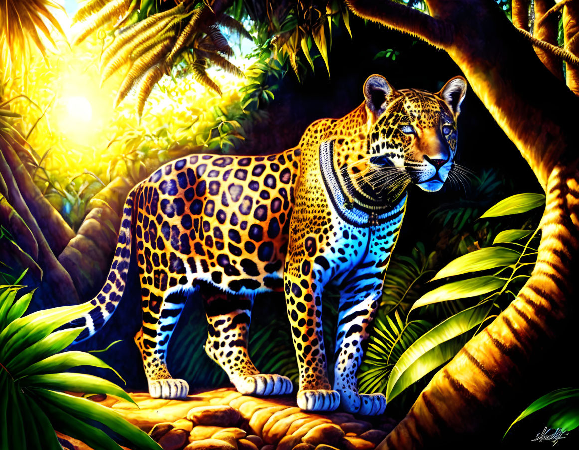 Vivid Jaguar Illustration in Dense Jungle with Sunlight