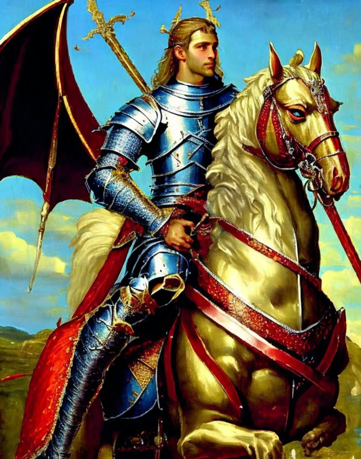 Knight in Shining Armor on White Horse with Red Cloak against Clear Sky