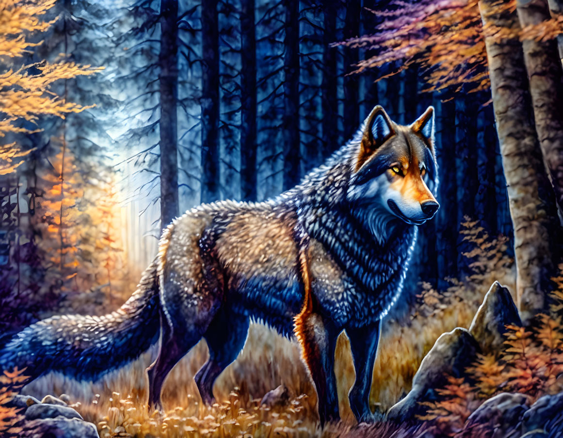 Majestic wolf in serene forest with autumn foliage