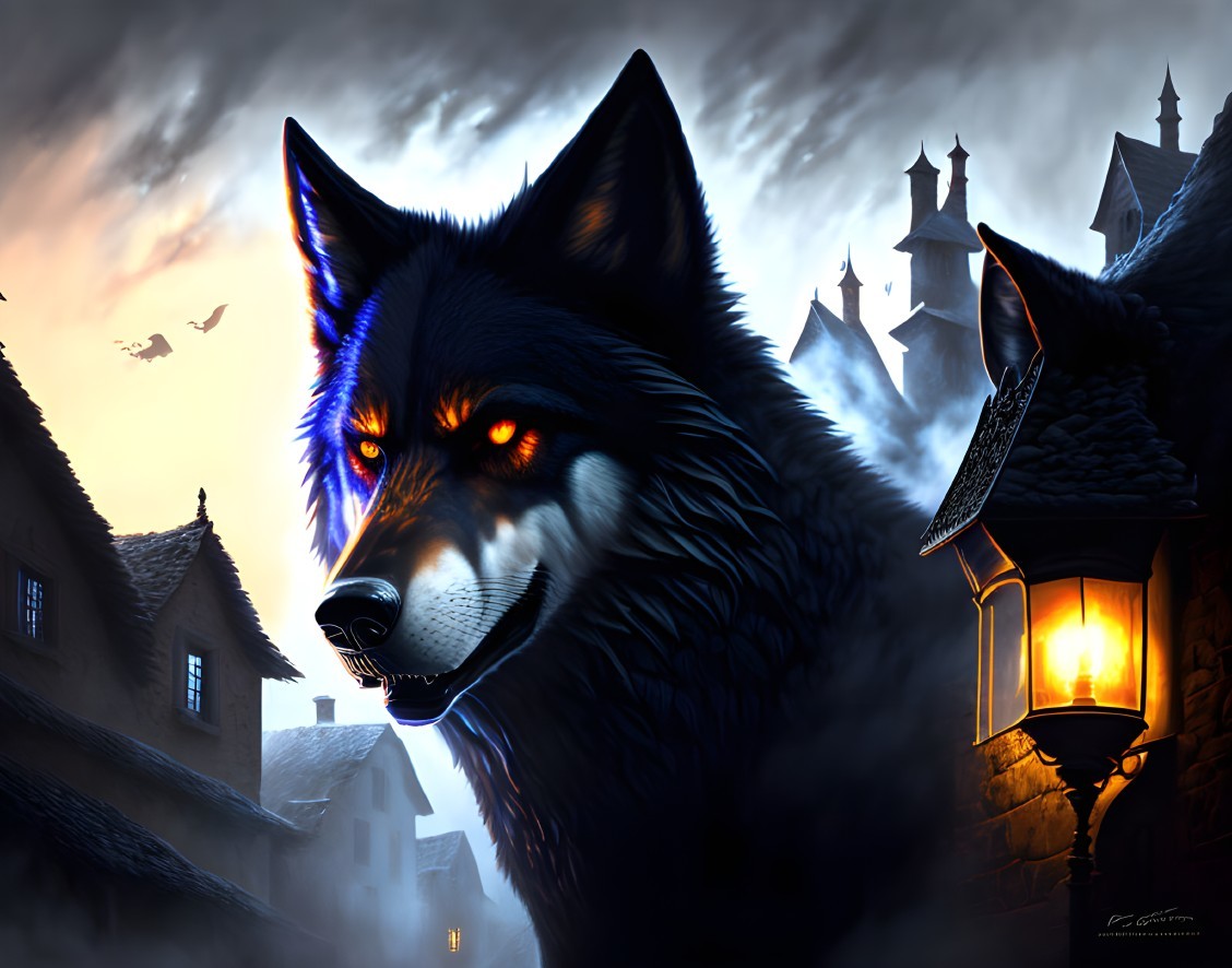 Digital artwork featuring imposing wolf with glowing blue eyes amidst medieval village and twilight sky