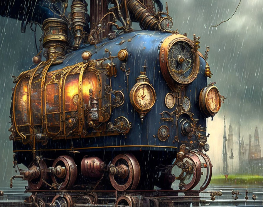 Detailed steampunk locomotive with brass gears and pipes under moody sky