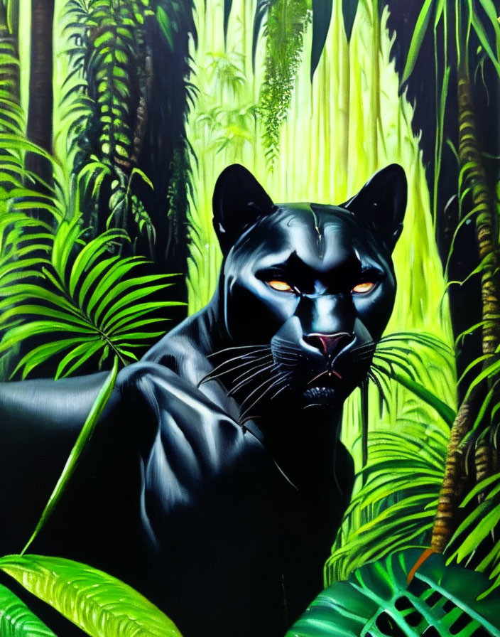 Sleek black panther with glowing eyes in dense green jungle