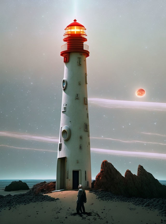 Starry sky with towering lighthouse and red beacon