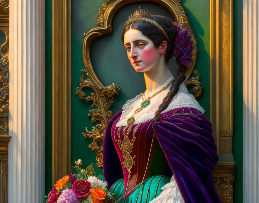 Portrait of elegant woman in period dress with braid and purple shawl.