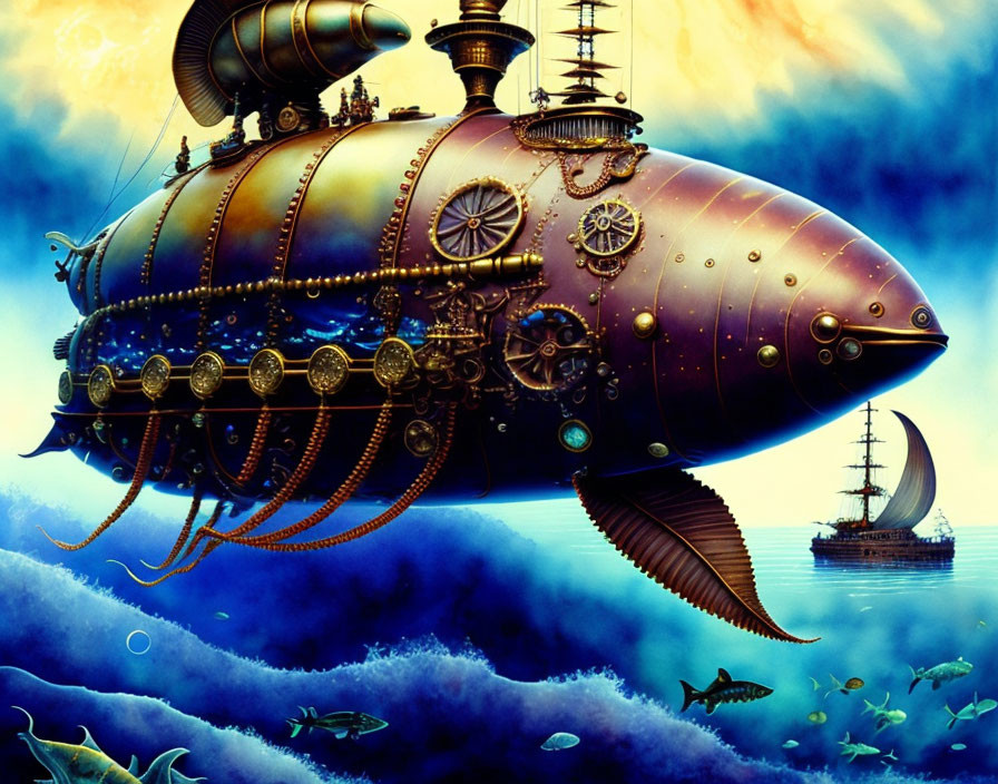 Steampunk submarine with brass fittings and mechanical tentacles underwater.