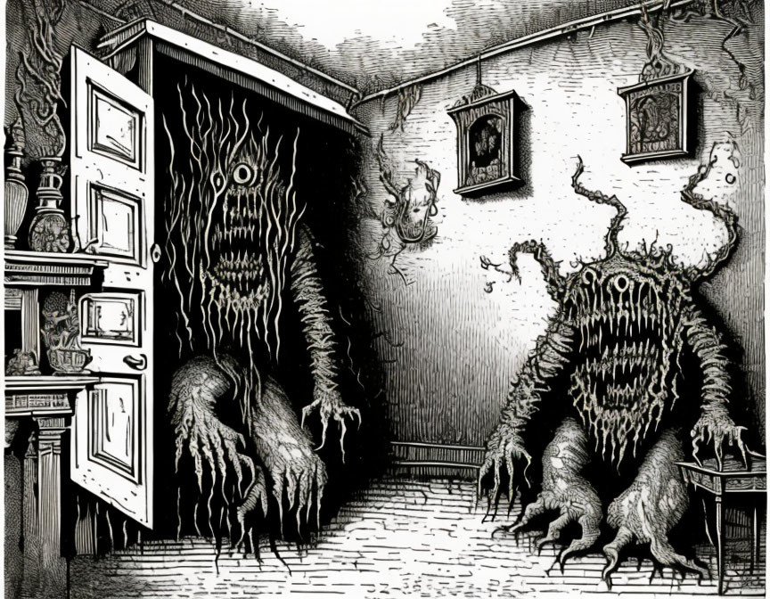 Detailed Black-and-White Illustration of Monstrous Figures in Victorian Room