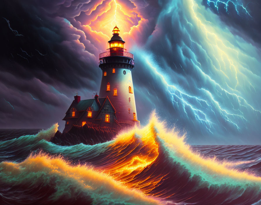 Dramatic lighthouse in stormy seas with fiery waves and lightning