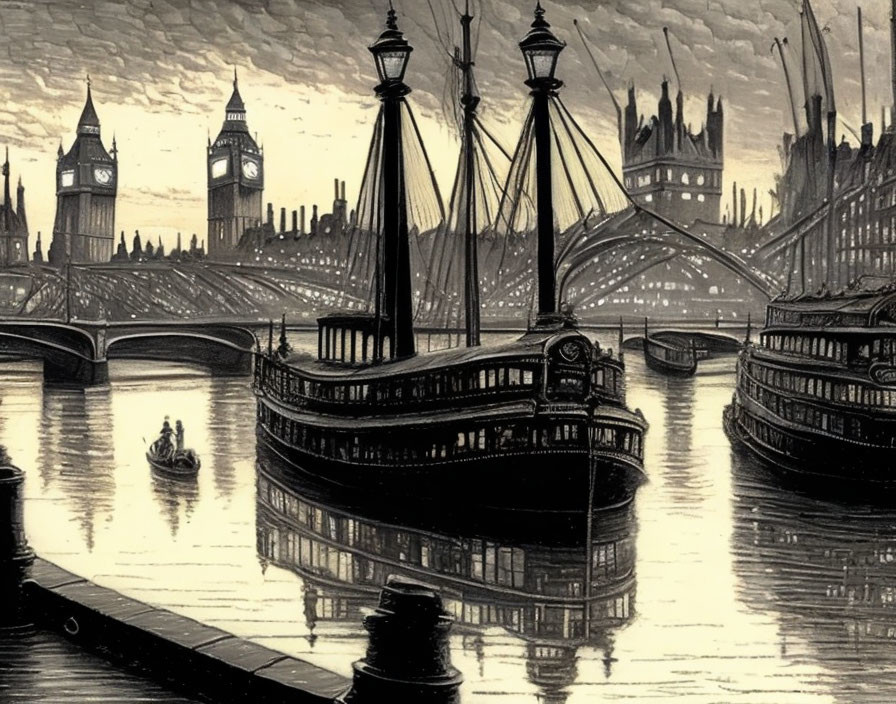 Monochrome Thames River scene with historic bridges, Big Ben, boats, and London ambiance