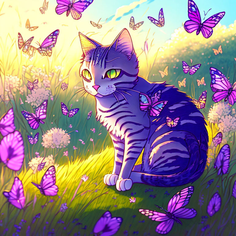 Striped cat with purple butterflies in vibrant meadow at sunset