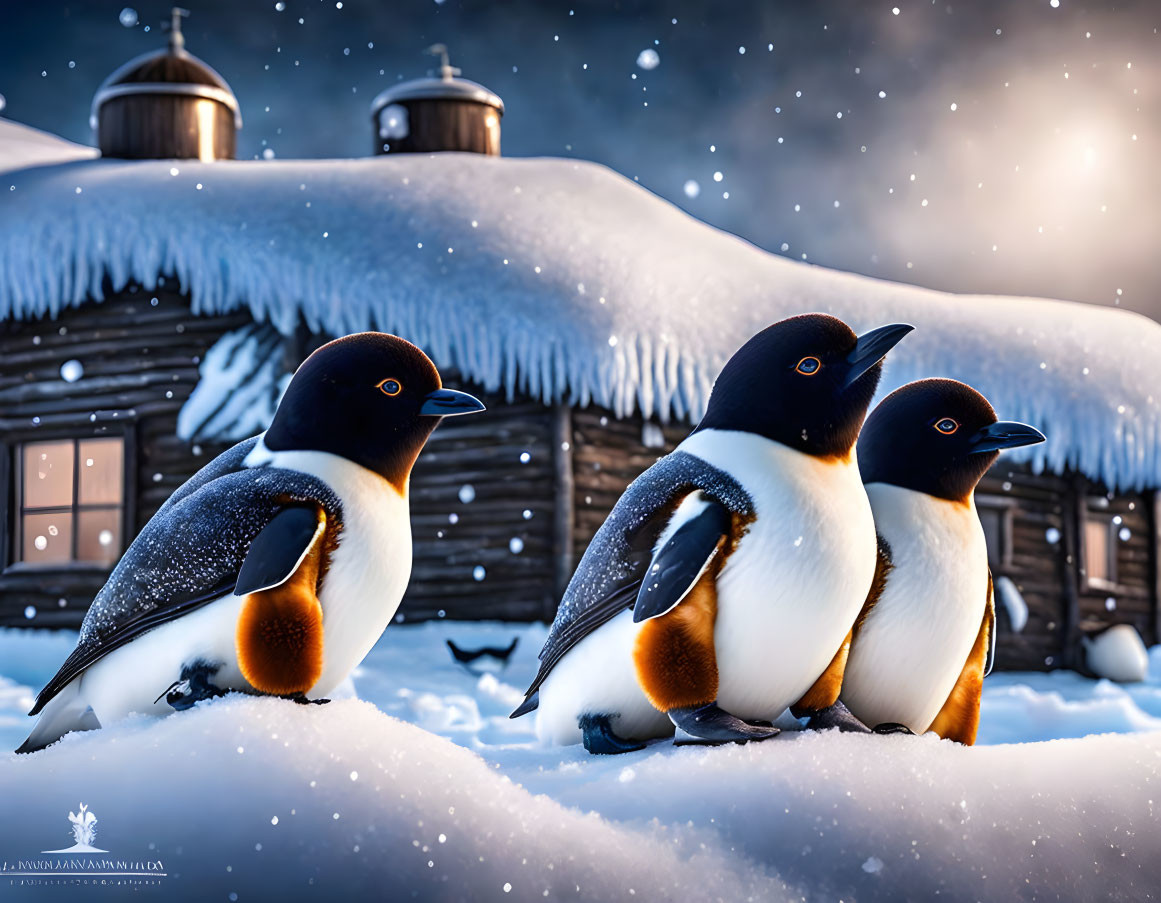 Three penguins in snowy landscape at dusk with cozy cottage.