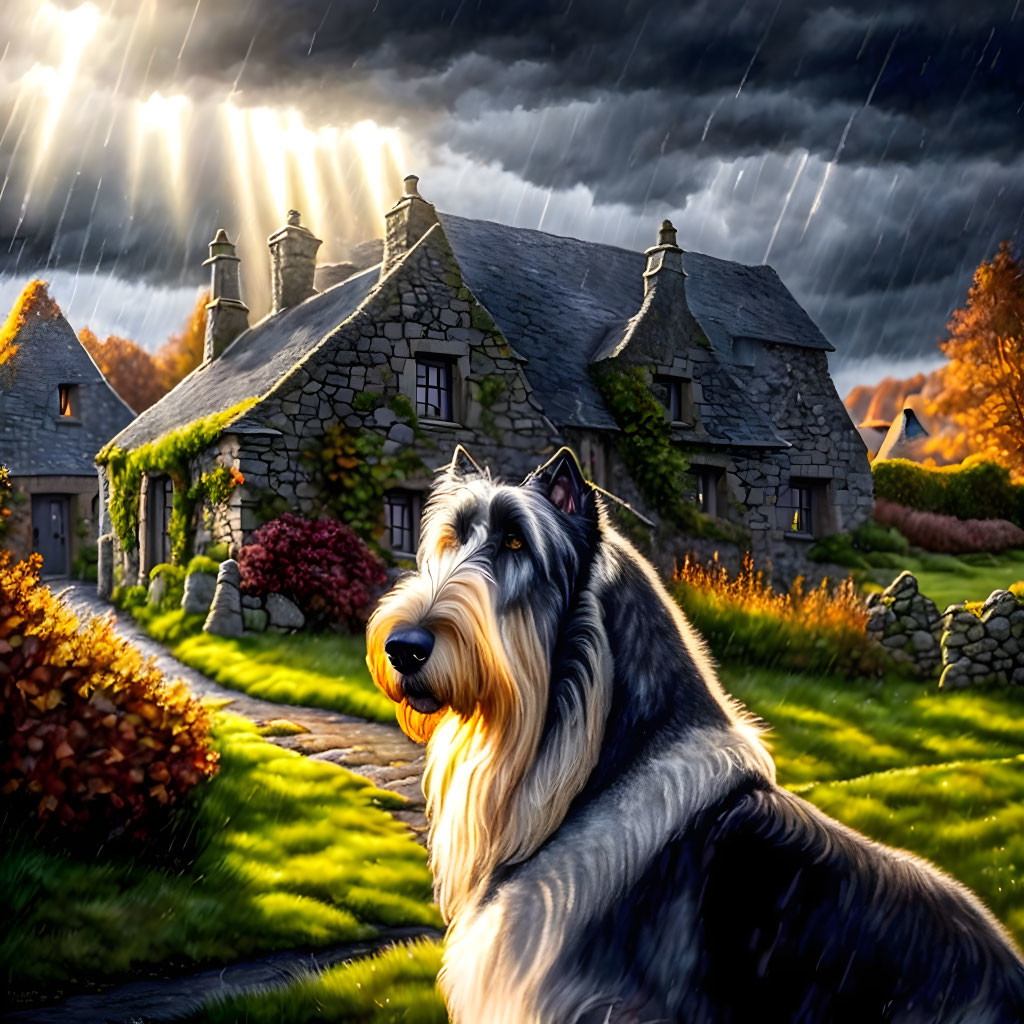 Fluffy black and white dog with stone cottage and stormy sky scenery