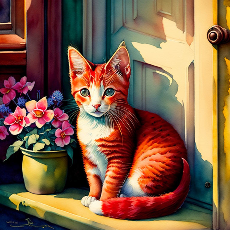 Orange and White Cat with Blue Eyes on Wooden Ledge Near Pink Flowers