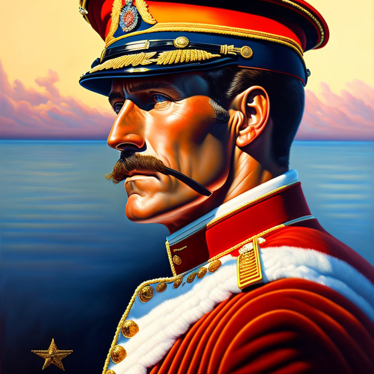 Military-themed illustration of stern male figure with mustache in ocean setting