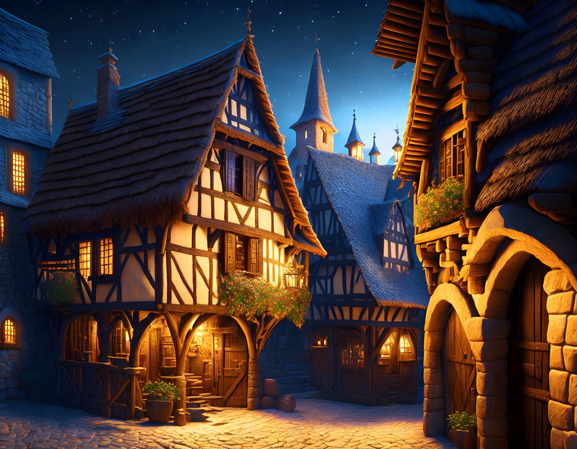 Medieval village at twilight: cobblestone streets, half-timbered houses, glowing windows