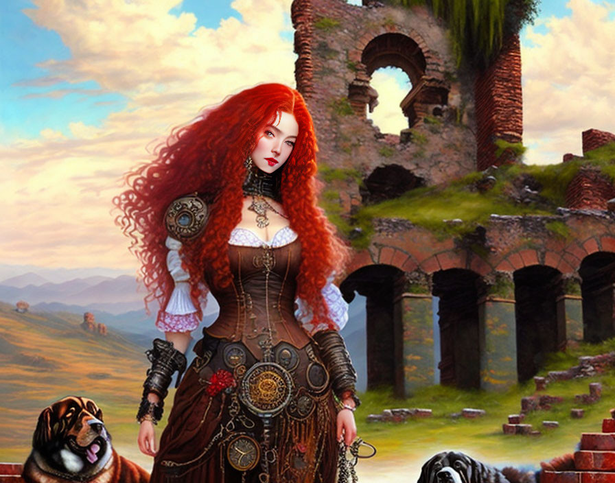 Digital artwork: Woman with red hair in steampunk attire beside bulldog in ruins and landscape