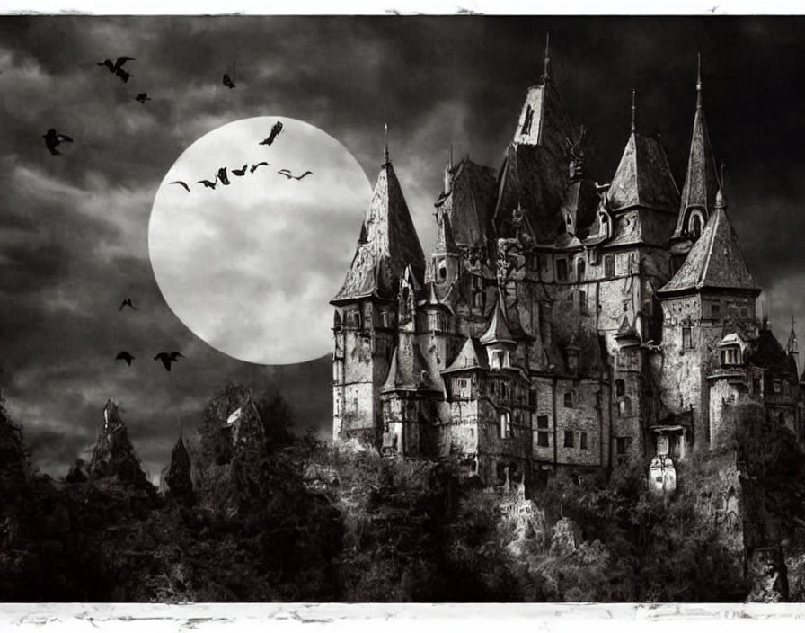 Gothic castle night scene with full moon, flying bats, and dramatic cloudy sky