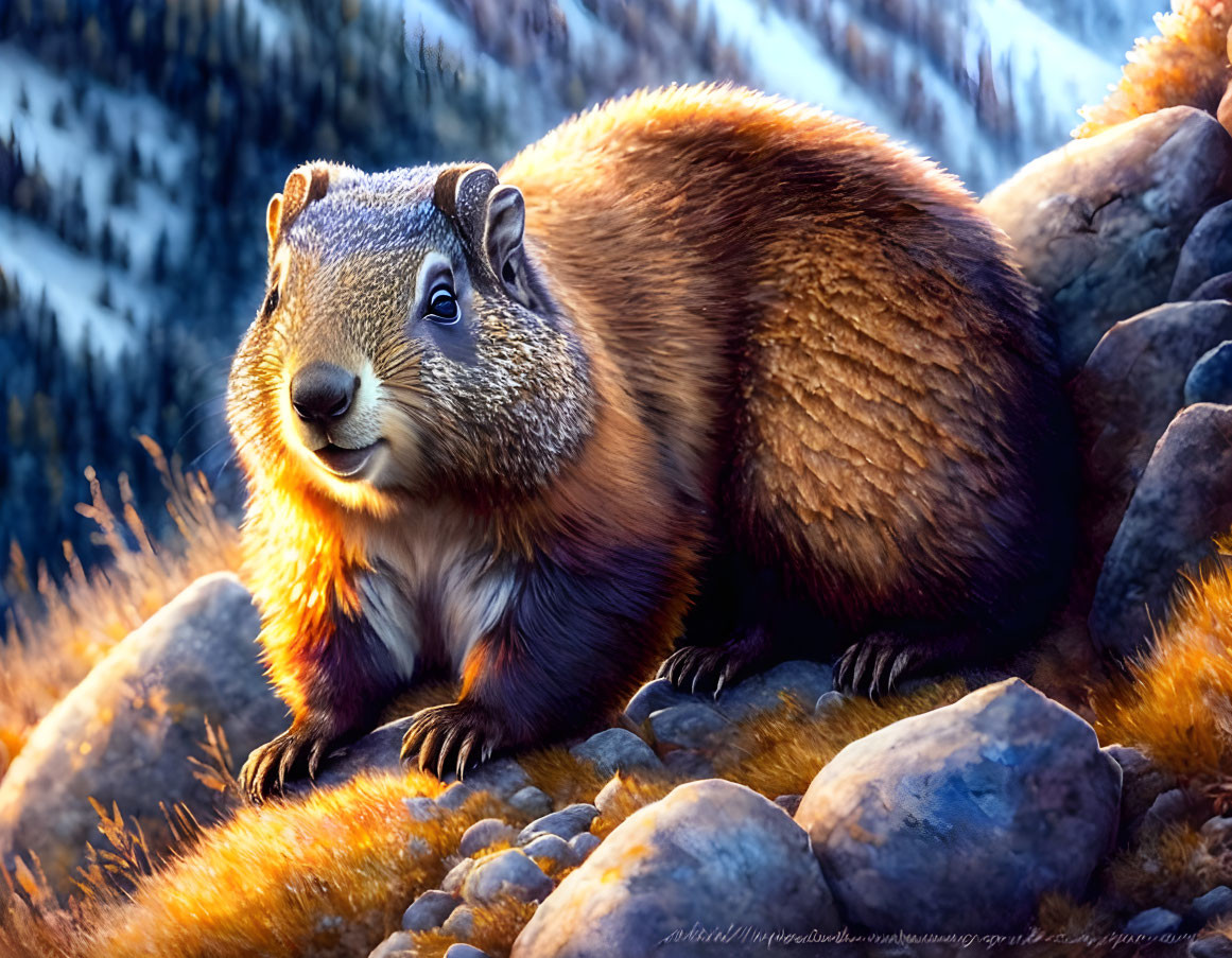 Plump marmot in sunlight with mountain backdrop